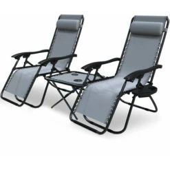VOUNOT Set Of 2 Zero Gravity Chair And Matching Table, Reclining Sun Loungers With Cup & Phone Holder, Grey