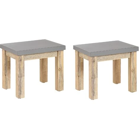 Set Of 2 Outdoor Garden Stools Grey Fibre Cement Seat Light Acacia Wood Base Ostuni