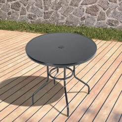 Livingandhome 80CM Garden Glass Top Table With Umbrella Hole, Round