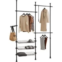 SoBuy Telescopic Wardrobe Hanging Rail With Three Baskets,Black,FRG34-SCH