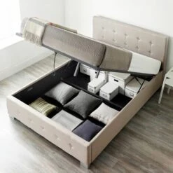 End Lift Ottoman Storage Bed Single Beige Linen