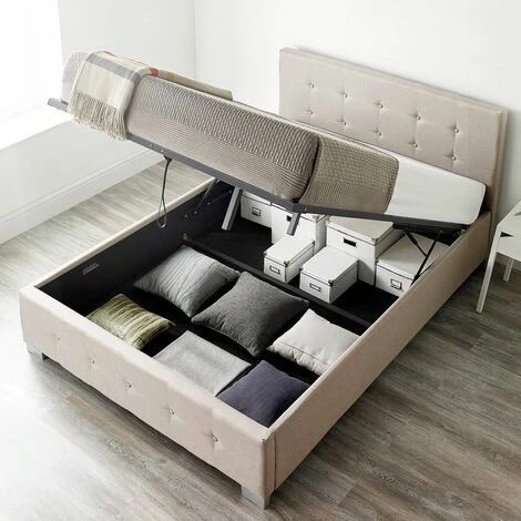End Lift Ottoman Storage Bed Single Beige Linen