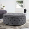 Livingandhome Linen Round Chesterfield Buttoned Footstool Studded Edge, Dark Grey