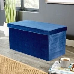 Large Folding Ottoman Navy Blue Velvet Fabric Chest Solid Storage Space Saving