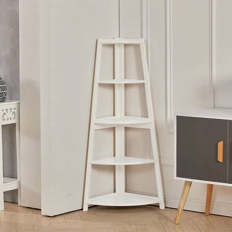 Livingandhome White 5 Tier Ladder Shaped Corner Shelf Rack Bookcase