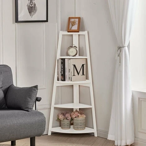 Livingandhome White 5 Tier Ladder Shaped Corner Shelf Rack Bookcase - Image 3