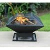 Square Fire Pit With BBQ Grill & Poker, Large Square Fire Pit Black Powder Coated Paint Metal, Tiled Edging Brazier And Mesh Lid With Handle, Firepit Table With Fire Poker For Garden