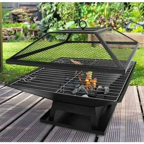 Square Fire Pit With BBQ Grill & Poker, Large Square Fire Pit Black Powder Coated Paint Metal, Tiled Edging Brazier And Mesh Lid With Handle, Firepit Table With Fire Poker For Garden - Image 2
