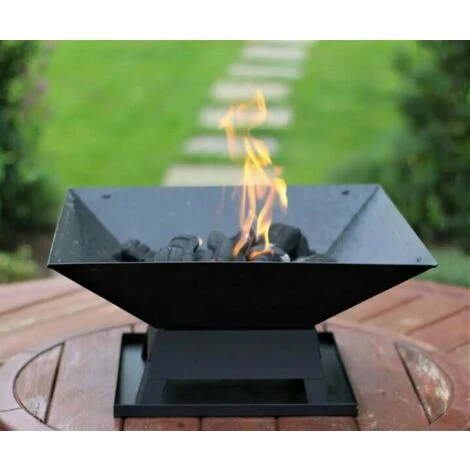 Square Fire Pit With BBQ Grill & Poker, Large Square Fire Pit Black Powder Coated Paint Metal, Tiled Edging Brazier And Mesh Lid With Handle, Firepit Table With Fire Poker For Garden - Image 3