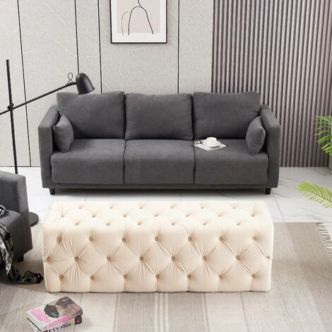 Melia Velvet Large Rectangle Pouffe, Ottoman Bench, Footrest, LUX Design, Button Detailed, Cream - Image 2