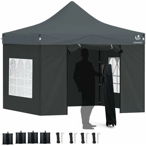 VOUNOT 3x3m Heavy Duty Gazebo With 4 Sides, Pop Up Gazebo Fully Waterproof Party Tent With Roller Bag And Leg Weights, Grey