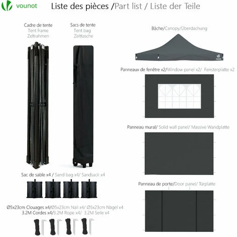 VOUNOT 3x3m Heavy Duty Gazebo With 4 Sides, Pop Up Gazebo Fully Waterproof Party Tent With Roller Bag And Leg Weights, Grey - Image 2