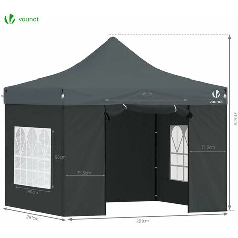 VOUNOT 3x3m Heavy Duty Gazebo With 4 Sides, Pop Up Gazebo Fully Waterproof Party Tent With Roller Bag And Leg Weights, Grey - Image 3