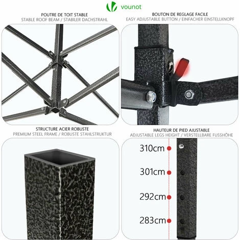 VOUNOT 3x3m Heavy Duty Gazebo With 4 Sides, Pop Up Gazebo Fully Waterproof Party Tent With Roller Bag And Leg Weights, Grey - Image 5