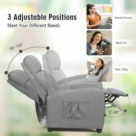 COSTWAY Recliner Armchair With Reclining Function And Adjustable Leg Rest, Upholstered Padded Single Sofa Seat, Home Office Living Room Lounge Chairs For Reading Resting Sleeping (Grey) - Image 3