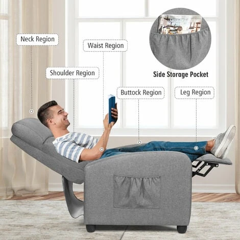 COSTWAY Recliner Armchair With Reclining Function And Adjustable Leg Rest, Upholstered Padded Single Sofa Seat, Home Office Living Room Lounge Chairs For Reading Resting Sleeping (Grey) - Image 4