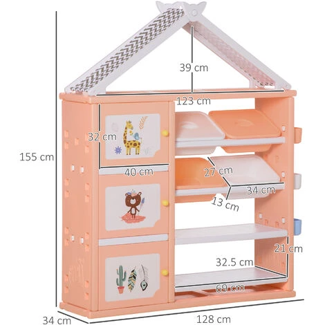 HOMCOM Kids Storage Unit Toy Box Organiser Book Shelf With Shelves Storage Cabinets Orange - Image 2
