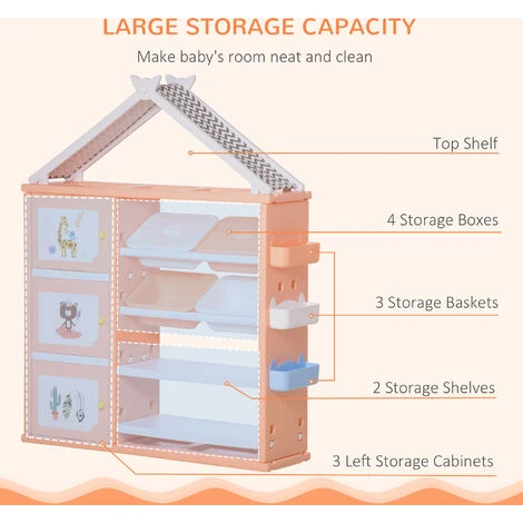 HOMCOM Kids Storage Unit Toy Box Organiser Book Shelf With Shelves Storage Cabinets Orange - Image 4