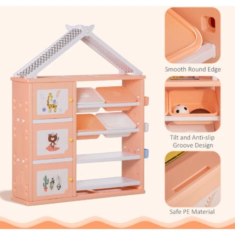 HOMCOM Kids Storage Unit Toy Box Organiser Book Shelf With Shelves Storage Cabinets Orange - Image 5