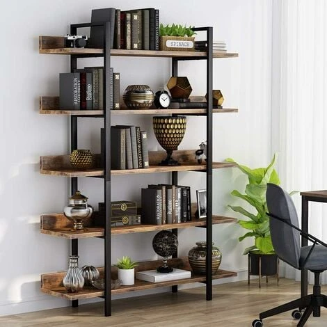 Bookshelf Bookcase Storage Rack Standing Shelf 5-Tier Industrial Stable Bookcase With Iron Tube Frame For Home, Living Room, Bedroom,Office By Tribesigns(Rustic Brown) - Image 2