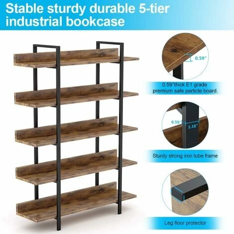 Bookshelf Bookcase Storage Rack Standing Shelf 5-Tier Industrial Stable Bookcase With Iron Tube Frame For Home, Living Room, Bedroom,Office By Tribesigns(Rustic Brown) - Image 3