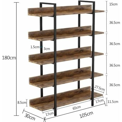 Bookshelf Bookcase Storage Rack Standing Shelf 5-Tier Industrial Stable Bookcase With Iron Tube Frame For Home, Living Room, Bedroom,Office By Tribesigns(Rustic Brown) - Image 5