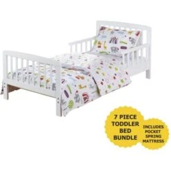 7 Piece Sydney White Toddler Bed Bundle With Pocket Sprung Mattress Circus Friends Bedding Set | Kids Bed And Children's Bed