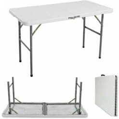 Folding Table 4FT/120CM Heavy Duty Portable Adjustable Height Picnic Camping Table For Garden, Catering, Camping, BBQ Party, Outdoor Activities, White Handy Fold- In-Half Table