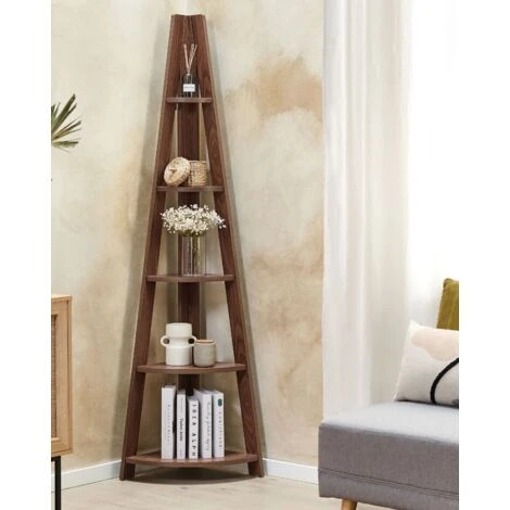 Modern Ladder Corner Shelf 4 Tiers Bookcase Dark Wood Mobile Solo - Image 2