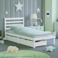 Libra 3ft Single Solid Wood Bed, 190 X 90 Cm & 2pc Underbed Drawers, White