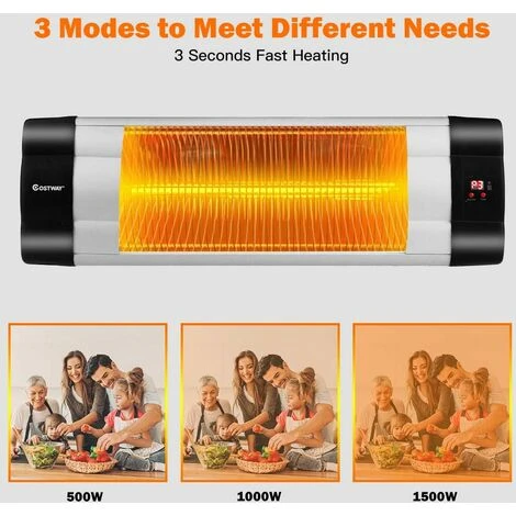 COSTWAY Wall Mounted Infrared Patio Heater With Remote Control,61 X 9 X 19cm, LED Display, 3 Heat Settings & 24-Hour Timer, Angle Adjustable Indoor Outdoor Electric Warmer, IP34 Waterproof - Image 2