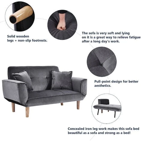 Convertible Sofa Bed 2 Seater Wood Frame, Flannel, Dark Grey - Image 3