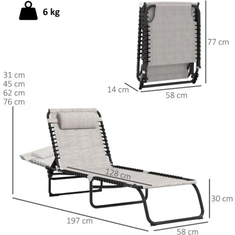 Outsunny Sun Lounger Reclining Cot Foldable Folding Garden Chair Cream White - Image 2