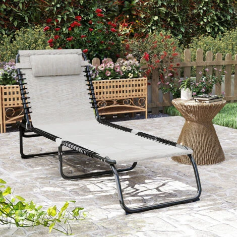 Outsunny Sun Lounger Reclining Cot Foldable Folding Garden Chair Cream White - Image 3