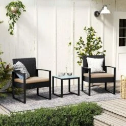 Songmics Garden Furniture Set, 3-Piece Outdoor Patio Furniture Sets, PE Rattan, Outdoor Seating For Bistro Front Porch Balcony, Easy To Assemble, 2 Chairs And 1 Table, Black And Beige GGF010M03