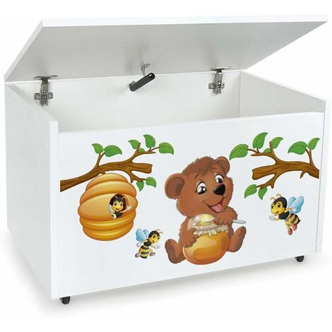 Large Wheeled Wooden Toy Box For With Stool Seat - Bear And Bees