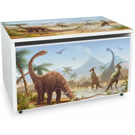 Large Wheeled Wooden Toy Box For With Stool Seat - Jurassic