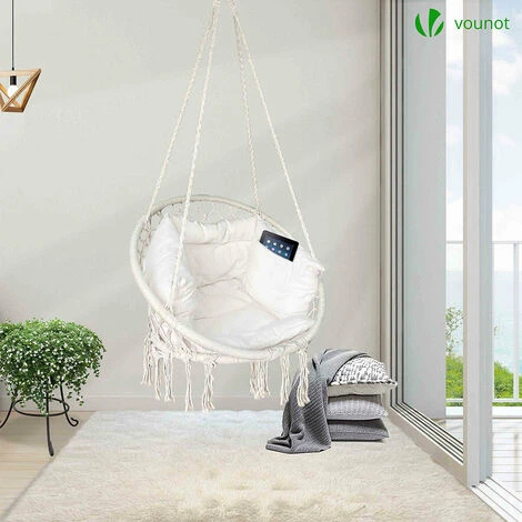 VOUNOT Hanging Chair With Cushion, Macrame Hammock Swing Chair For Bedroom, Balcony, Patio, Garden, 265LBS Capacity, Beige - Image 2