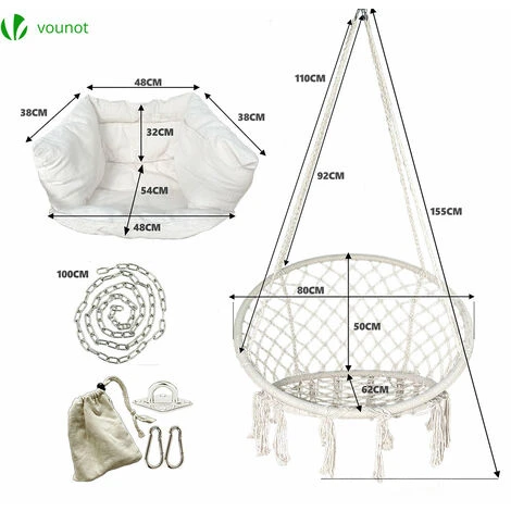 VOUNOT Hanging Chair With Cushion, Macrame Hammock Swing Chair For Bedroom, Balcony, Patio, Garden, 265LBS Capacity, Beige - Image 4