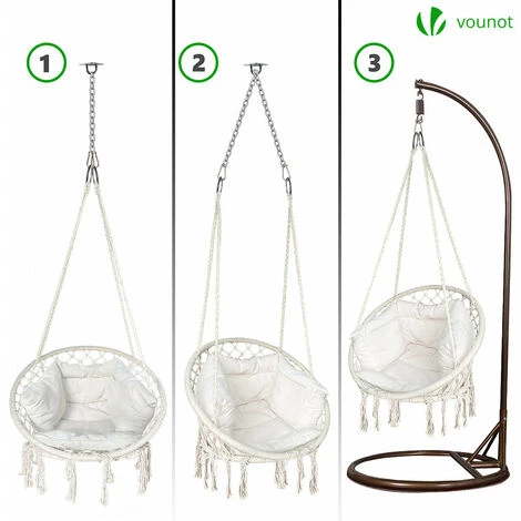 VOUNOT Hanging Chair With Cushion, Macrame Hammock Swing Chair For Bedroom, Balcony, Patio, Garden, 265LBS Capacity, Beige - Image 5