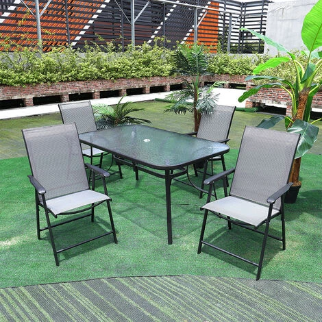 Livingandhome Set Of 5 Garden 150CM Ripple Glass Rectangle Umbrella Table And Folding Chairs Set, Black - Image 2