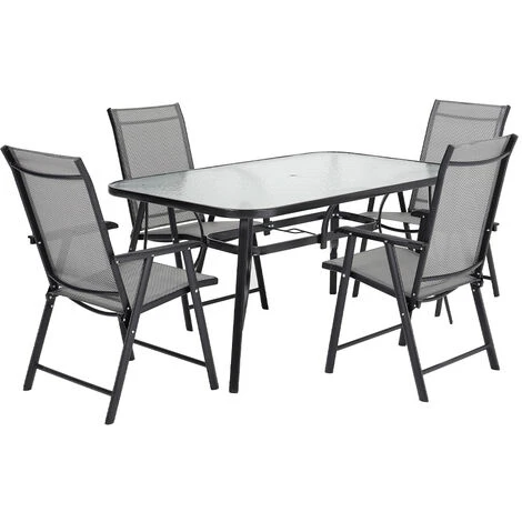 Livingandhome Set Of 5 Garden 150CM Ripple Glass Rectangle Umbrella Table And Folding Chairs Set, Black - Image 3