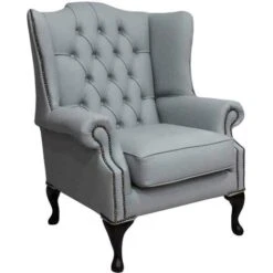 Chesterfield Mallory Flat Wing Queen Anne High Back Wing Chair Silver Grey Leather
