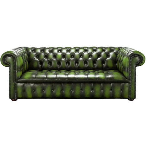 Chesterfield Edwardian 3 Seater Buttoned Seat Sofa Antique Green Leather