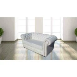 Chesterfield 2 Seater White Leather Sofa Brass Studs