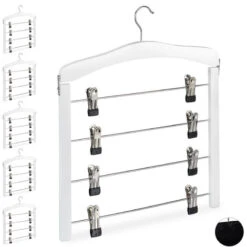 Set Of 6 Relaxdays Multi Skirt Holders Compact, 360° Swivel Hooks, Clips For Pants And Skirts, Wooden, White