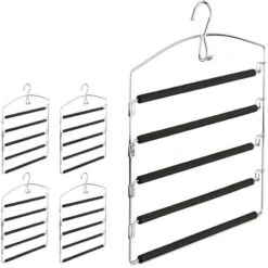 Set Of 5 Relaxdays Space Saving Clothes Hangers, Multiple Trouser Rails, Metal, HWD: 44.5 X 37 X 2.7 Cm, Silver/Black