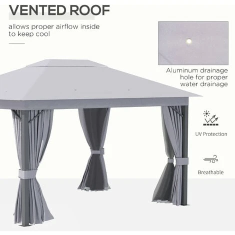 Outsunny 4 X 3(m) Patio Gazebo Garden Shelter W/ Curtains And Netting, Grey - Image 4