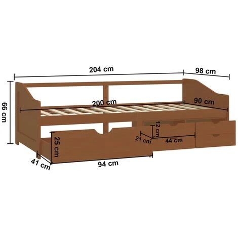 3-Seater Day Bed With Drawers Honey Brown Solid Pinewood 90x200 Cm VidaXL - Image 3