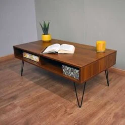 Industrial Design Coffee Table With Lift Up Top & Black Metal Hairpin Legs.